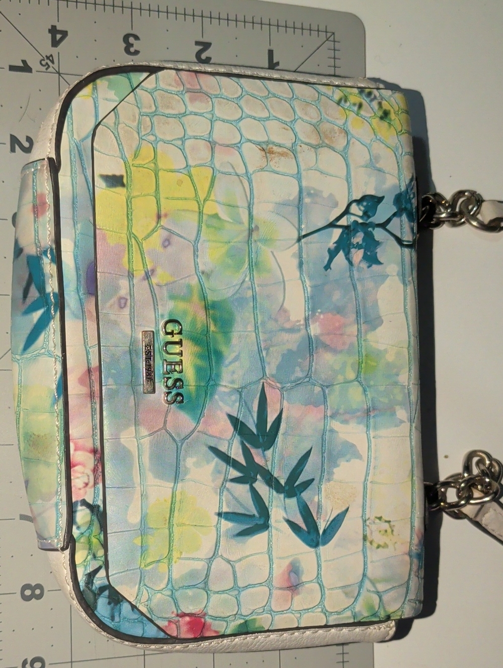 GUESS Pastel Floral Watercolor Croc-Embossed Crossbody in Blue and Multi
